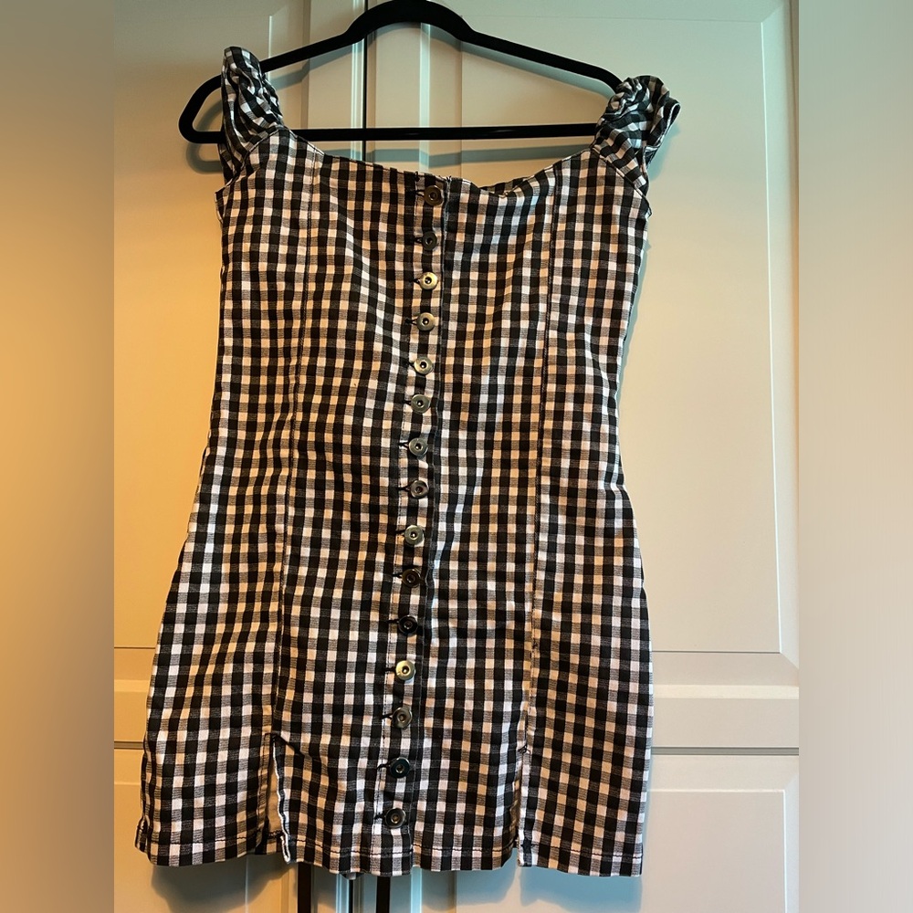 ASOS One Above Another Denim Black Gingham Mini Dress with Scrunchy Sleeves 14